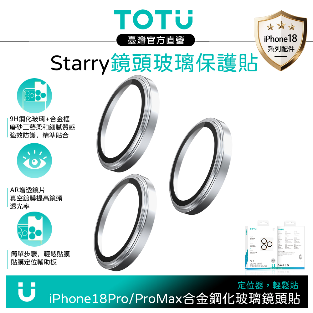 TOTU iPhone 18 Pro/Pro Max 霧面磨砂鋁合金鋼化玻璃鏡頭保護貼膜 9H 銀色