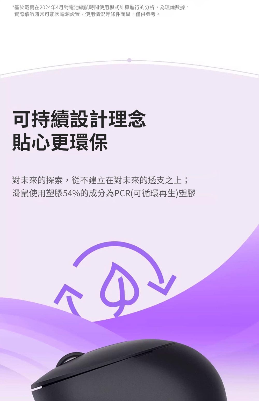*基於戴爾在2024年4月對電池續航時間使用模式計算進行的分析,為理論數據。實際續航時常可能因電源設置、使用情況等條件而異,僅供參考。可持續設計理念貼心更環保對未來的探索,從不建立在對未來的透支之上;滑鼠使用塑膠54%的成分為PCR(可循環再生)塑膠
