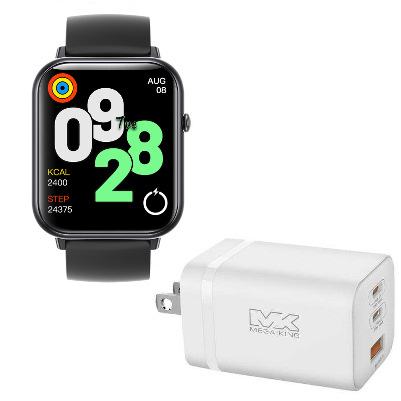 【組合價】MEGA KING Watch S3智慧手錶 黑+65W 氮化鎵三孔快充旅充頭(2C1A) 白