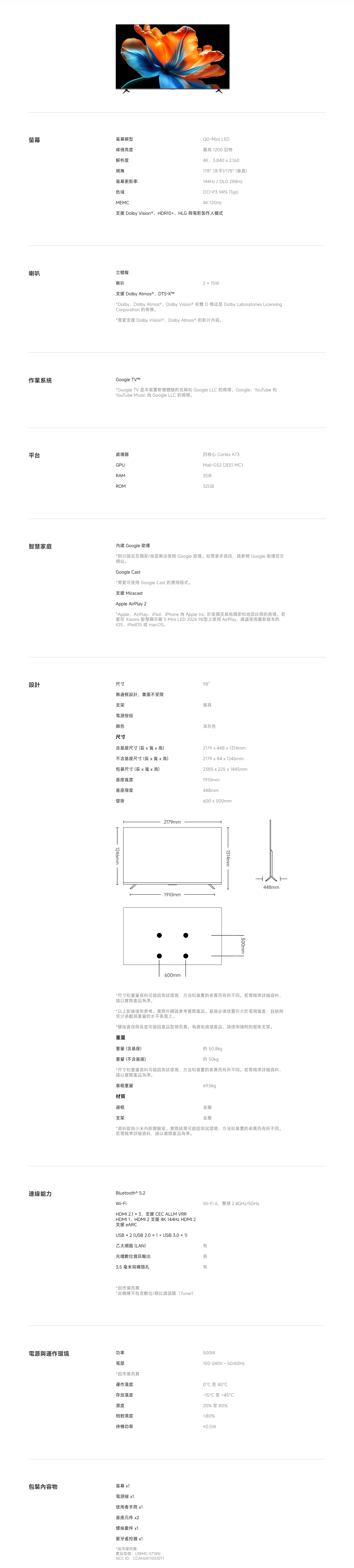 螢幕類型峰值亮度解析度視角螢幕更新率色域MEMQD-Mini LED最高 1200 尼特4K,3,840  2,160178 (水平)/178 (垂直)144Hz / DLG 288HzDI-P3 94% (Typ)4K 120Hz支援 Dolby Vision®、HDR10+、HLG 與電影製作人模式喇叭立體聲喇叭作業系統2  15W支援 Dolby Atmos®、DTS-XT*Dolby、Dolby Atmos ® 、Dolby Vision® 和雙D標誌是 Dolby Laboratories LicensingCorporation 的商標。*需要支援 Dolby Vision®、Dolby Atmos® 的影片內容。Google TV*Google TV 是本裝置軟體體驗的名稱和 Google LLC 的商標。Google、YouTube 和YouTube Music 為 Google LLC 的商標。平台處理器GPURAM四核心 Corte A73Mali-G52 (2EE) MC13GBROM32GB智慧家庭設計內建 Google 助理*部分語言及國家/地區無法使用 Google 助理。如需更多資訊,請 Google 助理官方網站。Google Cast*需要可使用 Google Cast 的應用程式。支援 MiracastApple AirPlay 2*Apple、AirPlay、iPad、iPhone 為 Apple Inc. 於美國及其他國家和地區註冊的商標。若要在 Xiaomi 智慧顯示器 S Mini LED 202698型上使用AirPlay,建議使用最新版本的iOS、iPadOS 或 macOS。尺寸98無邊框設計,畫面不受限支架兩具電源按鈕顏色深灰色尺寸含基座尺寸(長x x 高)不含基座尺寸(長x寬x高)包裝尺寸(長x寬x高)基座寬度基座厚度壁掛1246mm2179mm1910mm600mm2179 x 448 x 1314mm2179 x 84 x 1246mm2385 x 225 x 14mm1910mm448mm600 x 500mm1314mm500mm448mm*尺寸和重量資料可能因測試環境、方法和裝置的差異而所不同。若需精準詳細資料,請以實際產品為準。*以上影像僅供參考。實際外觀請參考實際產品。基座必須放置在大於電視寬度,且能夠充分承載其重量的水平表面上。*螺絲直徑與長度可能因產品型號而異。為避免損壞產品,請使用隨附的壁掛支架。重量重量(含基座)重量(不含基座)約 50.8kg約 50kg*尺寸和重量資料可能因測試環境、方法和装置的差異而所不同。若需精準詳細資料,請以實際產品為準。裝箱重量69.5kgp材質邊框支架金屬金屬*資料取自小米內部實驗室。實際結果可能因測試環境、方法和裝置的差異而有所不同。若需精準詳細資料,請以實際產品為準。連線能力Bluetooth® 5.2Wi-FiWi-Fi6,雙頻2.4GHz/5GHzHDMI 2.1 × 3,支援 CEC ALLM VRRHDMI 1、HDMI 2 支援4K 144Hz HDMI 2支援 eARCUSB × 2 (USB 2.0×1+USB3.0 × 1)乙太網路(LAN)光纖數位音訊輸出3.5 毫米耳機插孔*因市場而異*此機種不包含數位/類比調諧器(Tuner)電源與運作環境功率電壓*因市場而異有 有 有500W100-240V50/60Hz運作溫度存放溫度0℃至40℃-15°C +45°C20%至80%濕度相對濕度80%待機功率≤0.5W包裝內容物螢幕 x1電源線 x1使用者手冊 x1基座元件 x2螺絲套件 x1藍牙遙控器 x1*因市場而異產品型號:L98MC-STWNNCC ID:CCAH24Y10510T1
