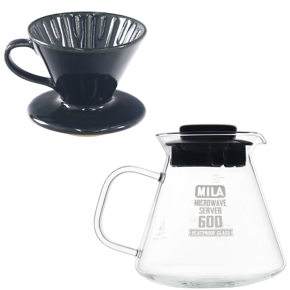 MILA日本製 織部燒 咖啡濾杯02-清海風琉璃+耐熱玻璃壺600ml