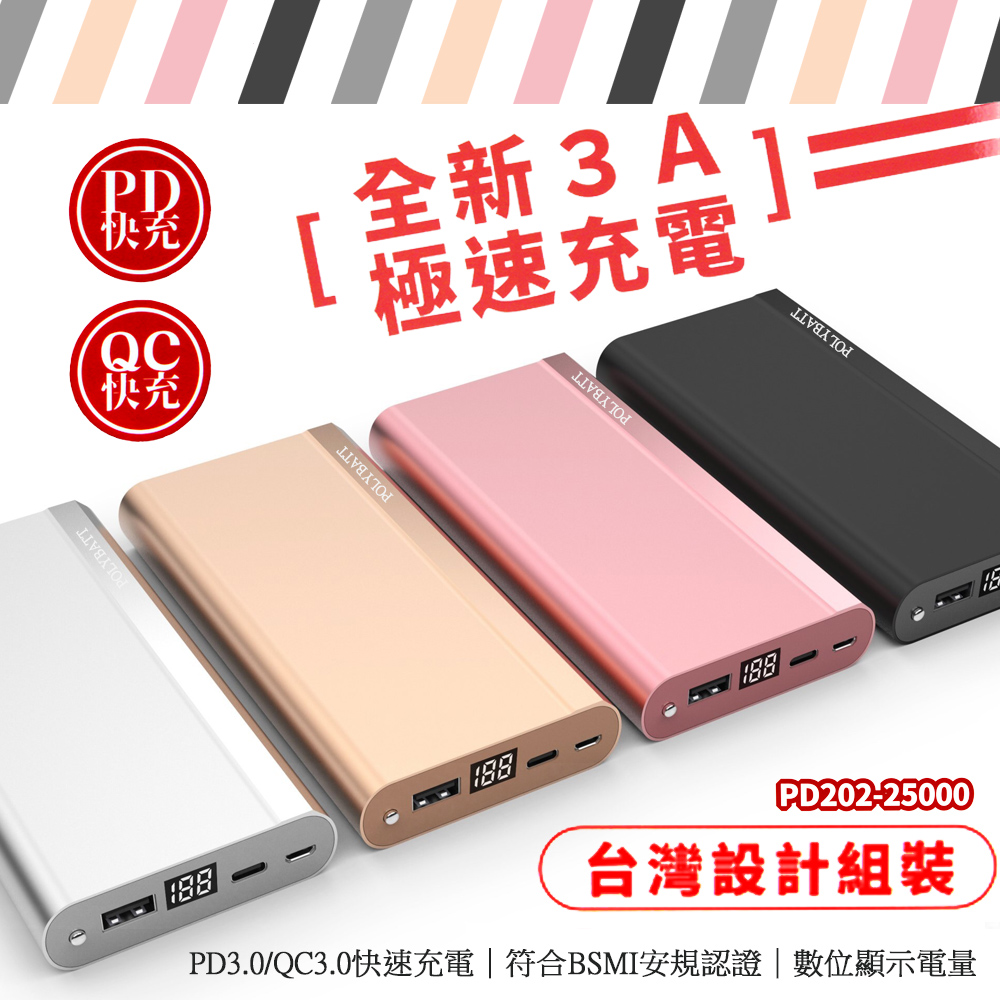 【台灣製造】25000 Series PD3.0/QC3.0 液晶顯示快充行動電源/超大容量(富貴金)