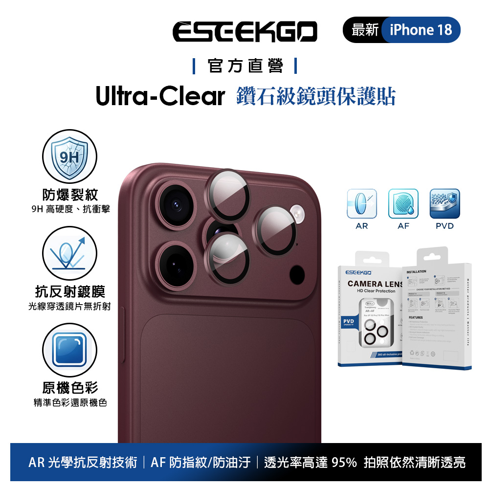 ESEEKGO iPhone 18 Pro/Pro Max 合金鋼化玻璃膜鏡頭貼保護貼 AR AF 貼膜輔助 勃根地紅