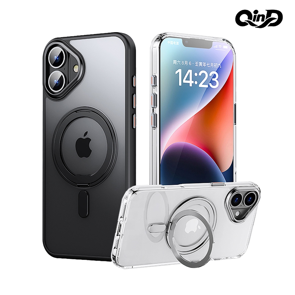 QinD Apple 蘋果 iPhone 16 Plus 旋轉磁吸支點殼(霧面透黑)