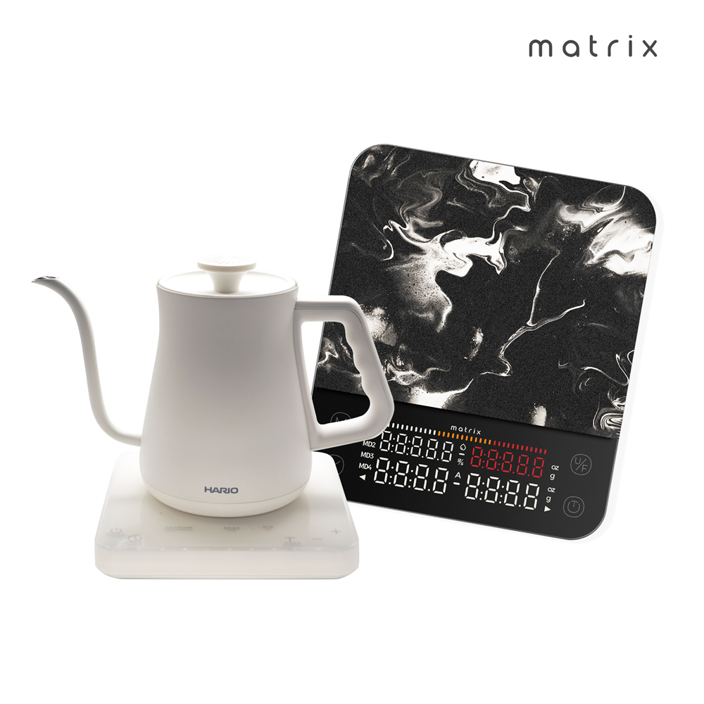 【Matrix X HARIO】M2 Pro AI大師 咖啡秤+α 阿爾法溫控細口壺650ml 白色組合 /AI智能引導/粉液比/粉水比 /手沖咖啡壺/STRI