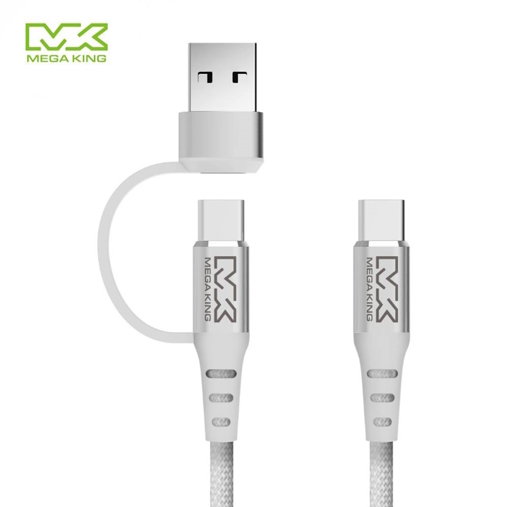 【限時優惠】MEGA KING C/A to C 二合一傳輸充電編織線 1M 白