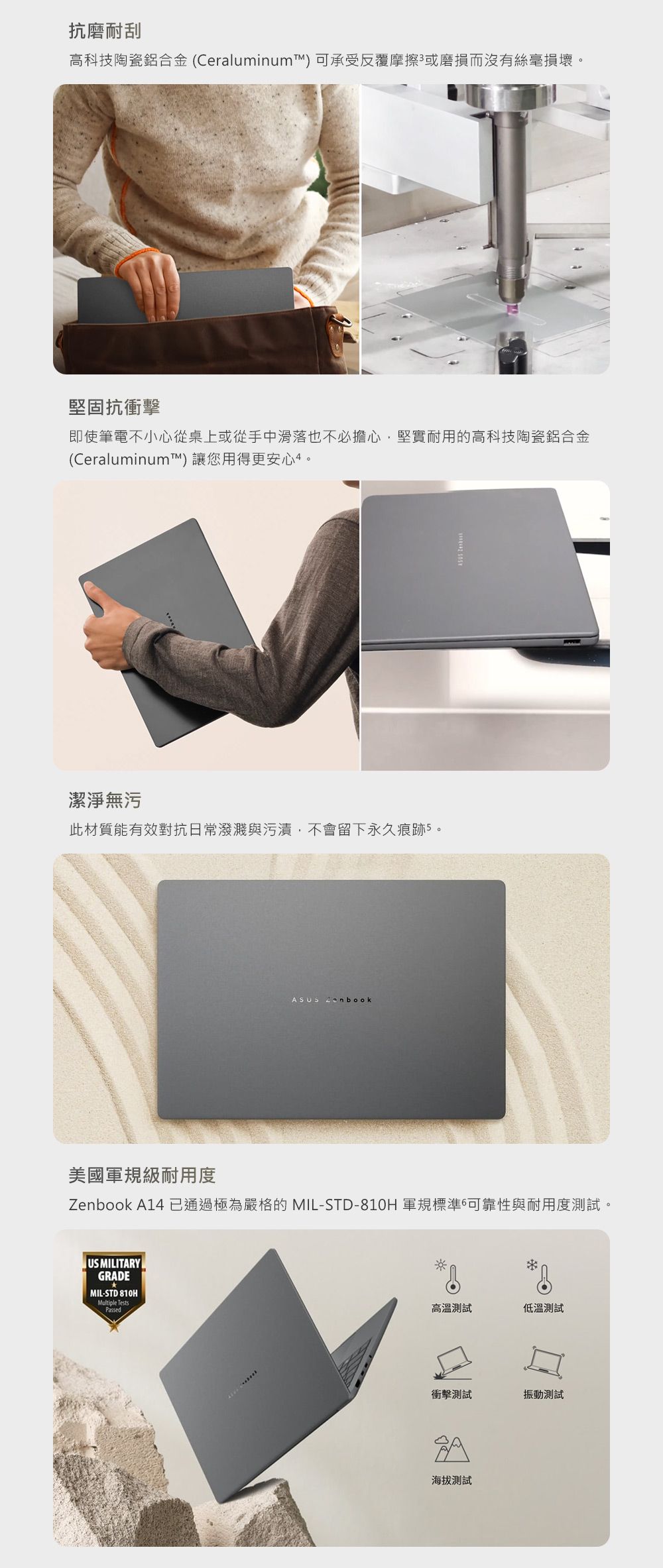 抗磨耐刮高科技陶瓷鋁合金 (Ceraluminum) 可承受反覆摩擦或磨損而沒有絲毫損壞。堅固抗衝擊即使筆電不小心從桌上或從手中滑落也不必擔心,堅實耐用的高科技陶瓷鋁合金(Ceraluminum™) 讓您用得更安心。潔淨無污此材質能有效對抗日常潑濺與污漬,不會留下永久痕跡5。ASUS 美國軍規級耐用度Zenbook A14 已通過極為嚴格的 MIL-STD-810H 軍規標準6可靠性與耐用度測試。US MILITARYGRADEMIL-STD 810HMultiple TestsPassed高溫測試低溫測試衝擊測試振動測試海拔測試