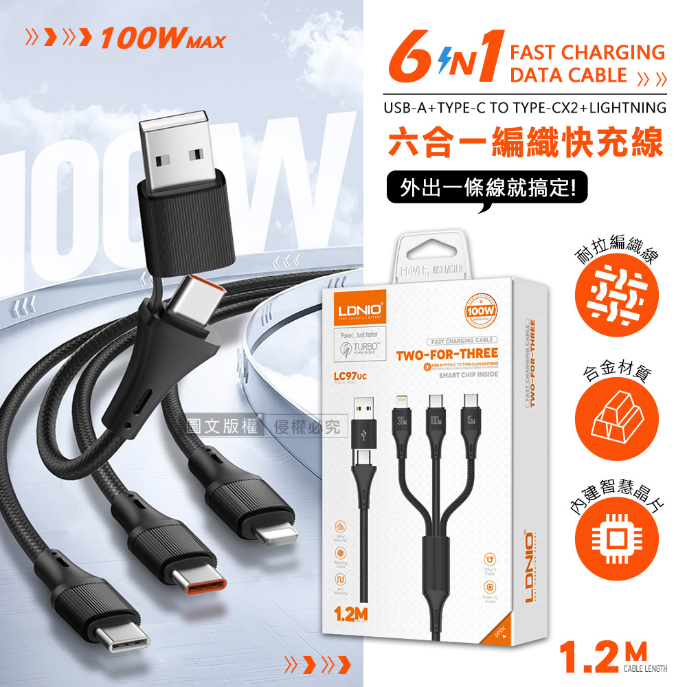 100W全域能 六合一快充線 USB-A+Type-C to Type-CX2+Lightning 雙Type-C輸出 傳輸充電線(1.2M)