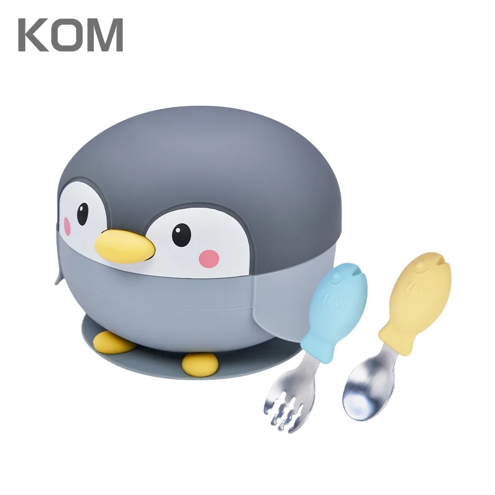 【DOZO嚴選】KOM-海洋歷險趣 不鏽鋼兒童矽膠學習餐具 企鵝 (贈飛魚叉匙組)_灰色x1入