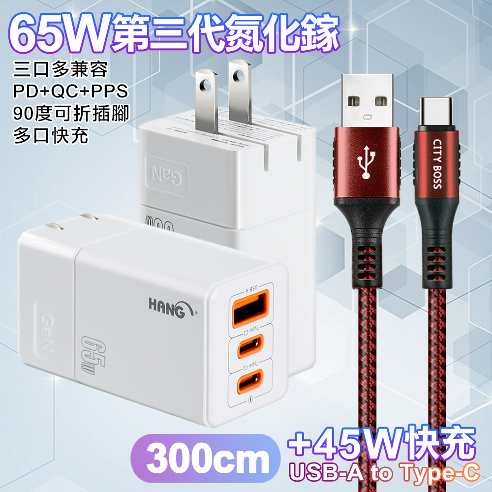HANG 三代氮化鎵65W 白色+勇固線耐彎折編織線USB-Type-C-300cm-紅線