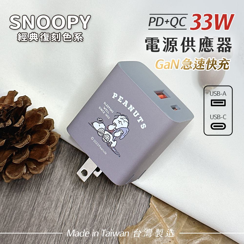 SNOOPY史努比 鳳梨酥系列 33W 經典復刻色系 GaN氮化鎵 PD+QC 急速充電器-瞌睡(黛藍)