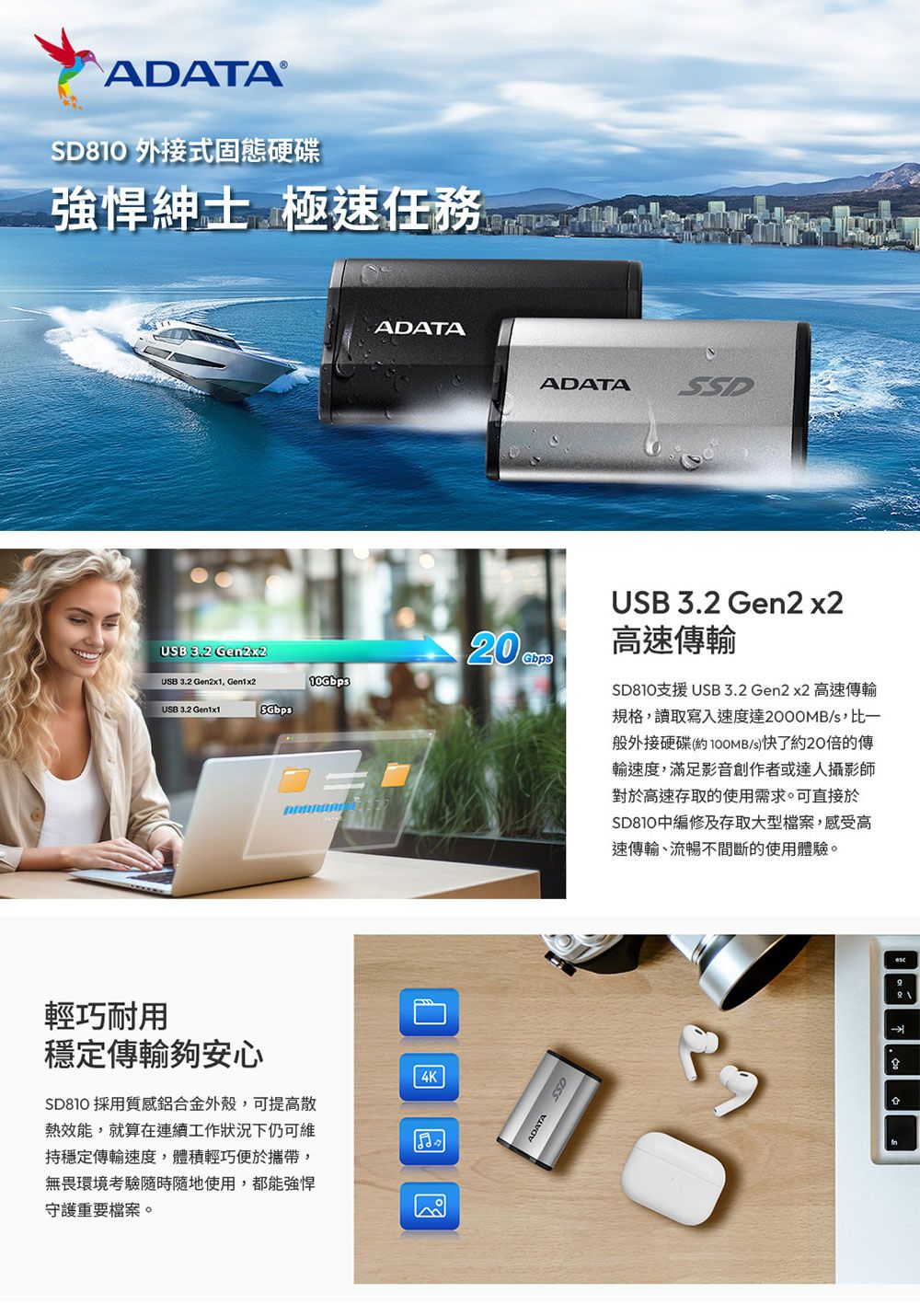 ADATA® 外接式固態硬碟強悍紳士 極速USB Gen2x2USB 3.2 Gen2x1, Gen1x2USB 3.2 SGbps10GbpsADATA輕巧耐用穩定傳輸夠安心 採用質感鋁金外殼,可提高散熱效能,就算在連續工作狀況下仍可維持穩定傳輸速度,體積輕巧便於攜帶,無畏環境考驗隨時隨地使用,都能強悍守護重要檔案。 4KADATASSD20GbpsADATAassUSB 3.2 Gen2 x2高速傳輸SD810支援USB 3.2 Gen2x2 高速傳輸規格,讀取寫入速度達2000MB/s,比一般外接硬碟(約/s)快了約20倍的傳輸速度,滿足影音創作者或達人攝影師對於高速存取的使用需求。可直接於SD810中編修及存取大型檔案,感受高速傳輸、流暢不間斷的使用體驗。合