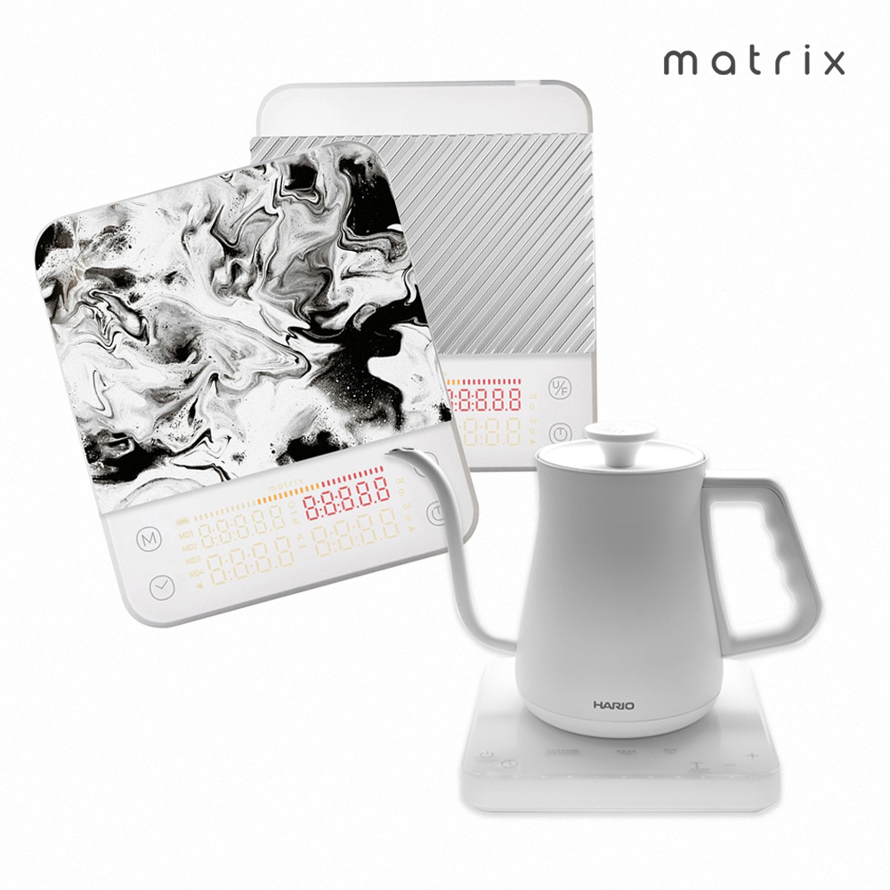 【Matrix X HARIO】M2 Pro AI大師 咖啡秤-白+α 阿爾法溫控細口壺650ml 白色組合 /AI智能引導/粉液比/粉水比 /手沖咖啡壺
