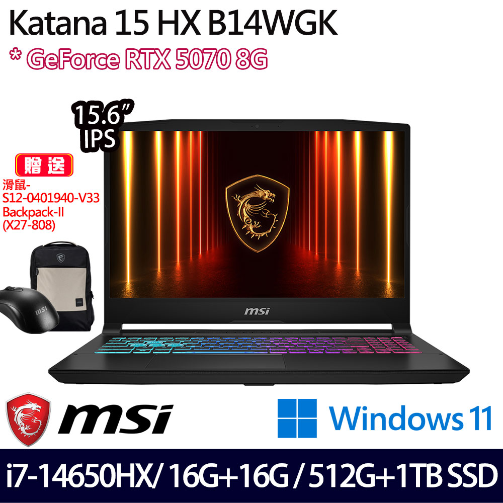 《MSI 微星》Katana 15 HX B14WGK-059TW(15.6吋QHD/i7-14650HX/16G+16G/1TB/RTX5070/特仕版