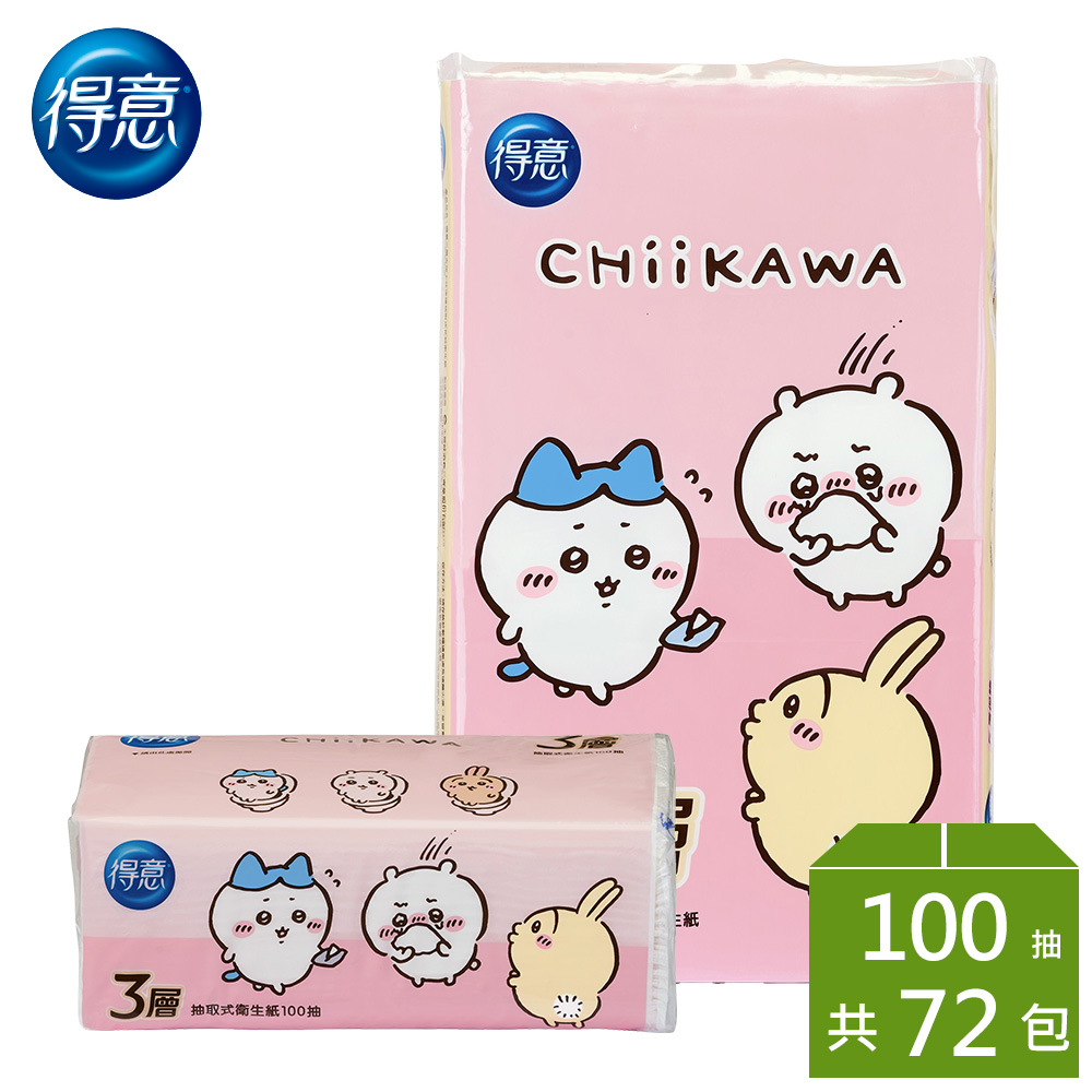 得意三層抽取式衛生紙100抽x6包x12袋/箱-吉伊卡哇版