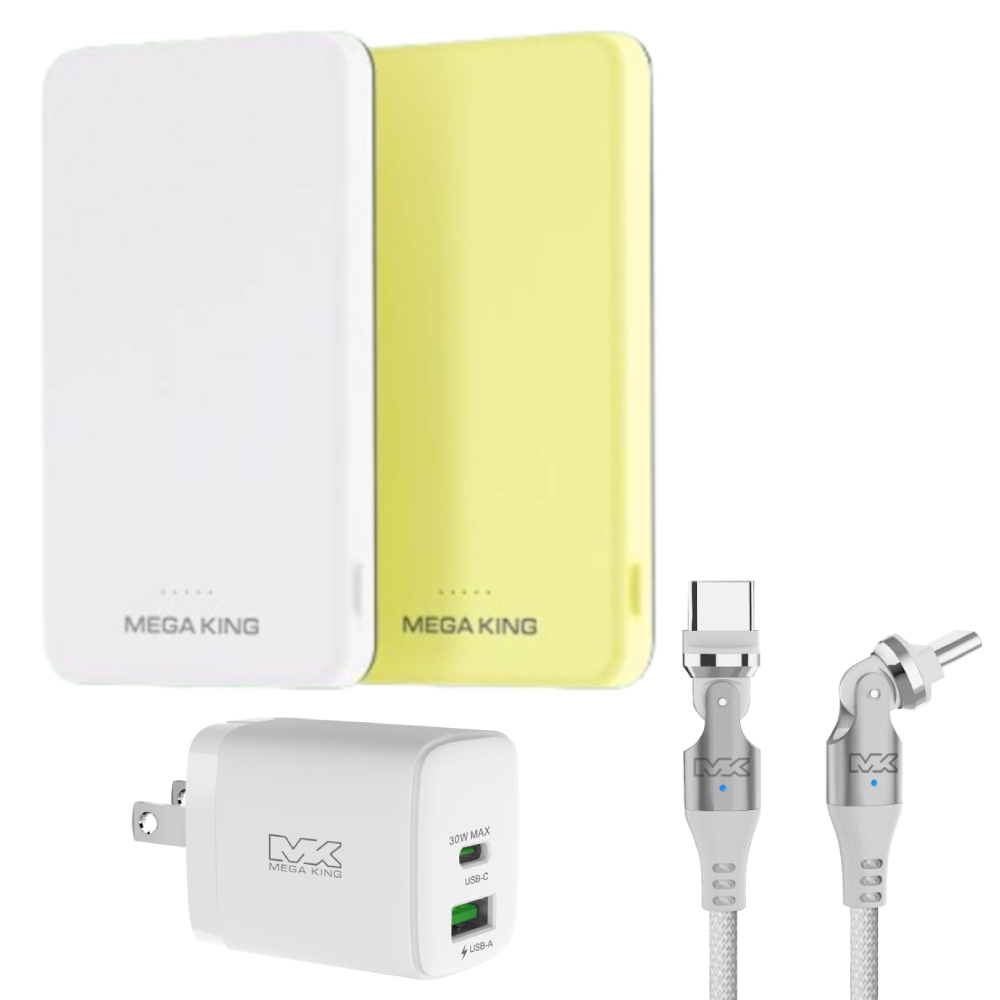 MEGA KING 5000  超輕薄磁吸行動電源+30W氮化鎵雙孔旅充頭(1C1A) 白+C to C 可調式接頭傳輸充電編織線 1M 白