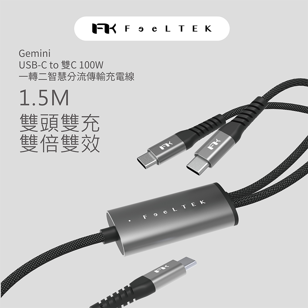 【Feeltek】Gemini USB-C to 雙C 100W 一轉二智慧分流傳輸充電線1.5m