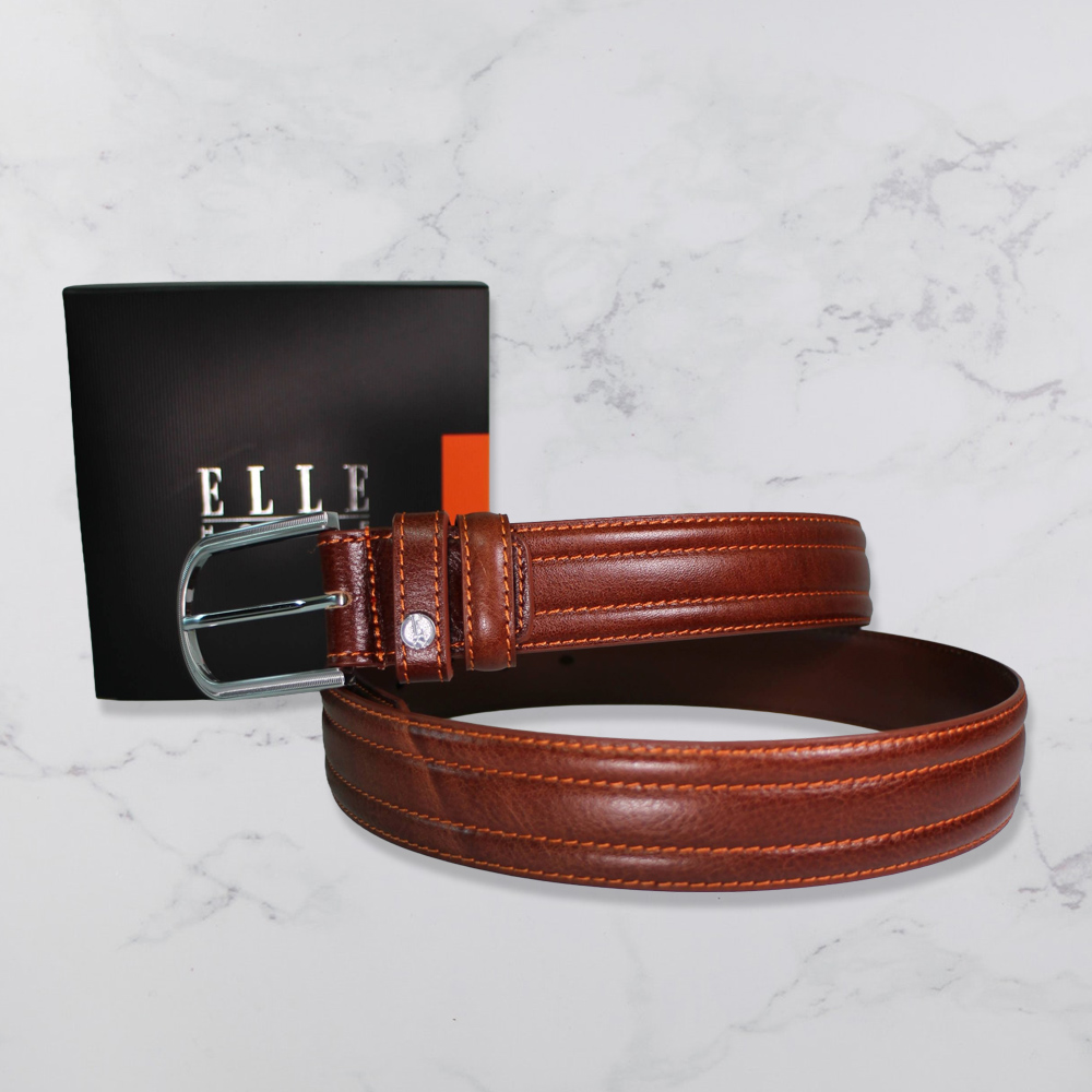 法國ELLE HOMME 頂級鋅合金休閒皮帶(寬3.5cm)棕色 107066