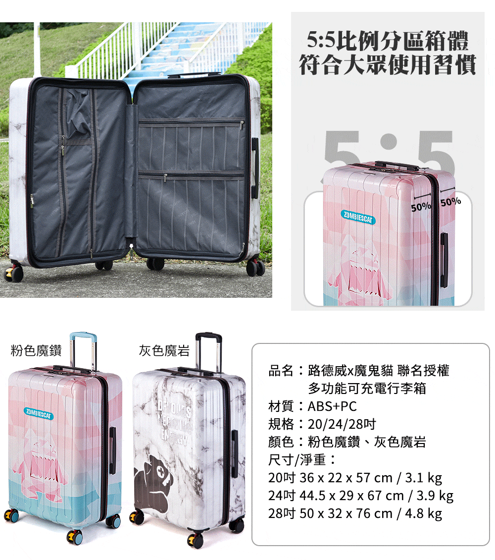 粉色魔鑽灰色魔岩ZOMBIESCAT55比例分區箱體符合大眾使用習慣5:5ZOMBIESCAT50% 50%品名:路德威魔鬼貓 聯名授權多功能可充電行李箱材質:ABS+PC規格:20/24/28吋顏色:粉色魔鑽、灰色魔岩尺寸/淨重:20吋 36 x 22 x 57 cm / 3.1 kg24吋 44.5 x 29x67cm/3.9kg28吋 50 x 32 x 76 cm / 4.8 kg