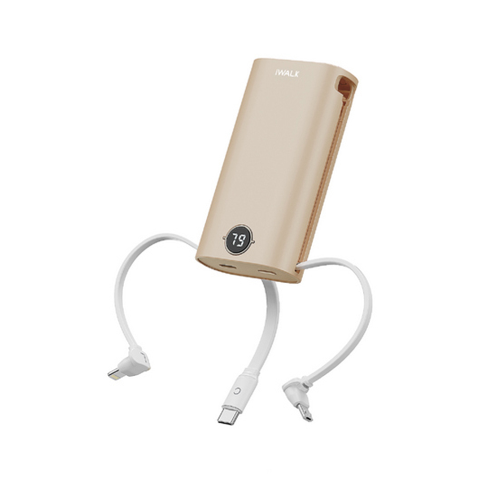 【iWALK】小魷魚自帶線PD快充行動電源9000mAh(附1M TYPE-C to C充電線) DBL10000S【奶茶棕】