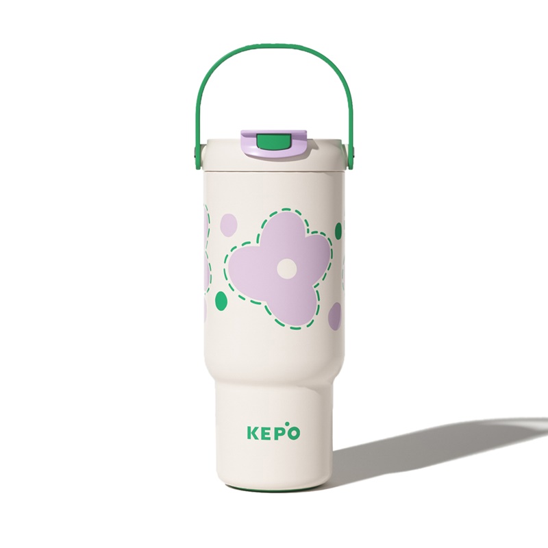 KEPO LQ 900ML KC008 手提雙飲吸管杯 316L不銹鋼內膽 紫藤生花