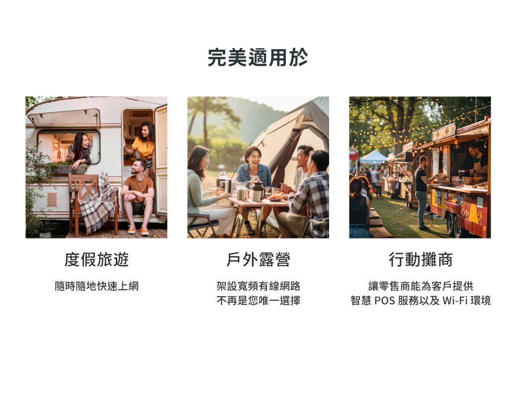 完美適用於度假旅遊戶外露營隨時隨地快速上網架設寬頻有線網路行動攤商讓零售商能為客戶提供不再是您唯一選擇智慧 POS 服務以及Wi-Fi環境