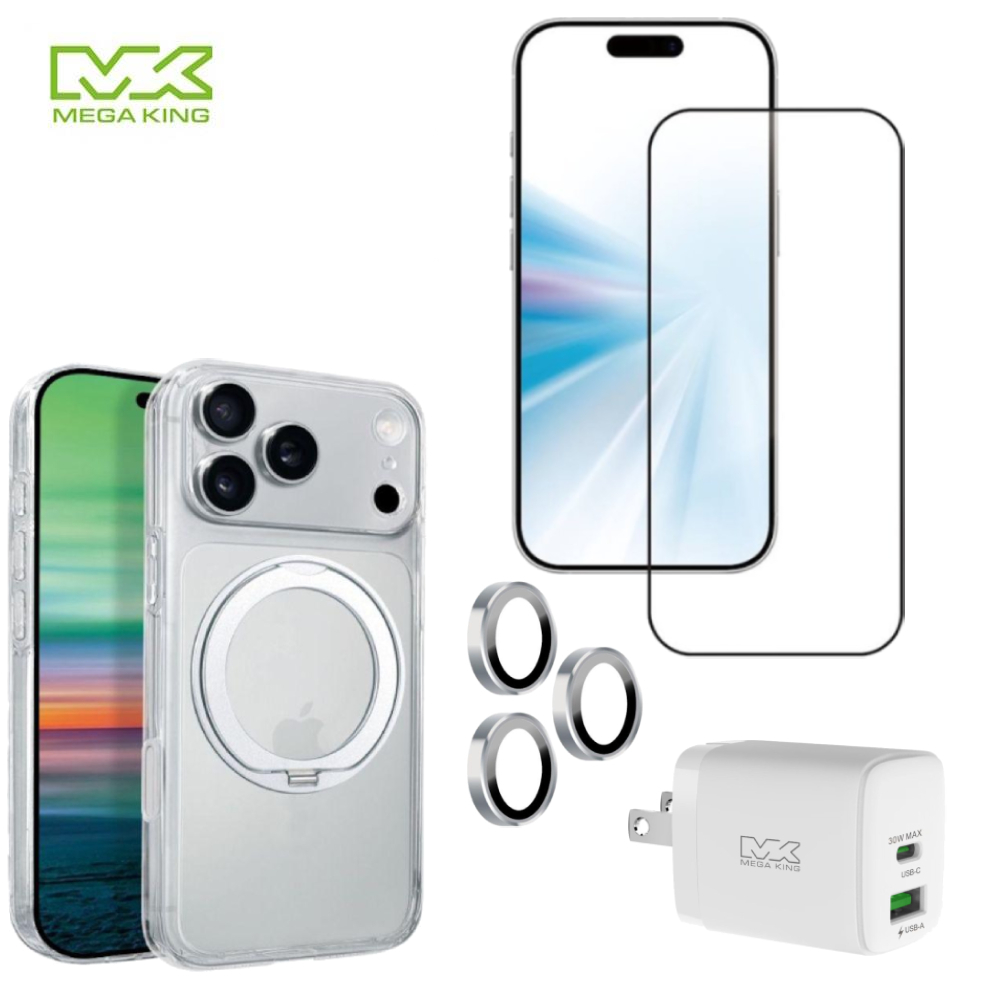 【超值組合14】MEGA KING iPhone 18 Pro Max 多功能旋轉立架保護殼+滿版保護貼+鏡頭貼+充電頭
