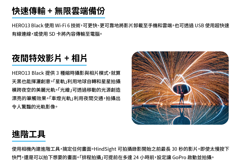 HERO13 Black 使用WiFi6技術,可更快、更可靠地將影片卸載至手機和雲端,也可透過USB使用超快速