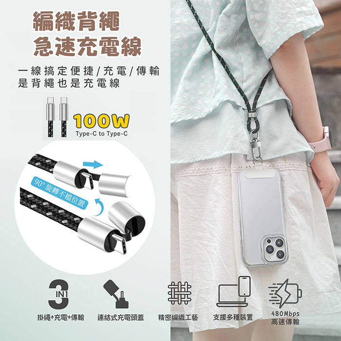 ASPOR 100W快充 防丟編織掛繩 USB-C to USB-C 傳輸充電線 附墊片(180cm) 海鹽檸檬