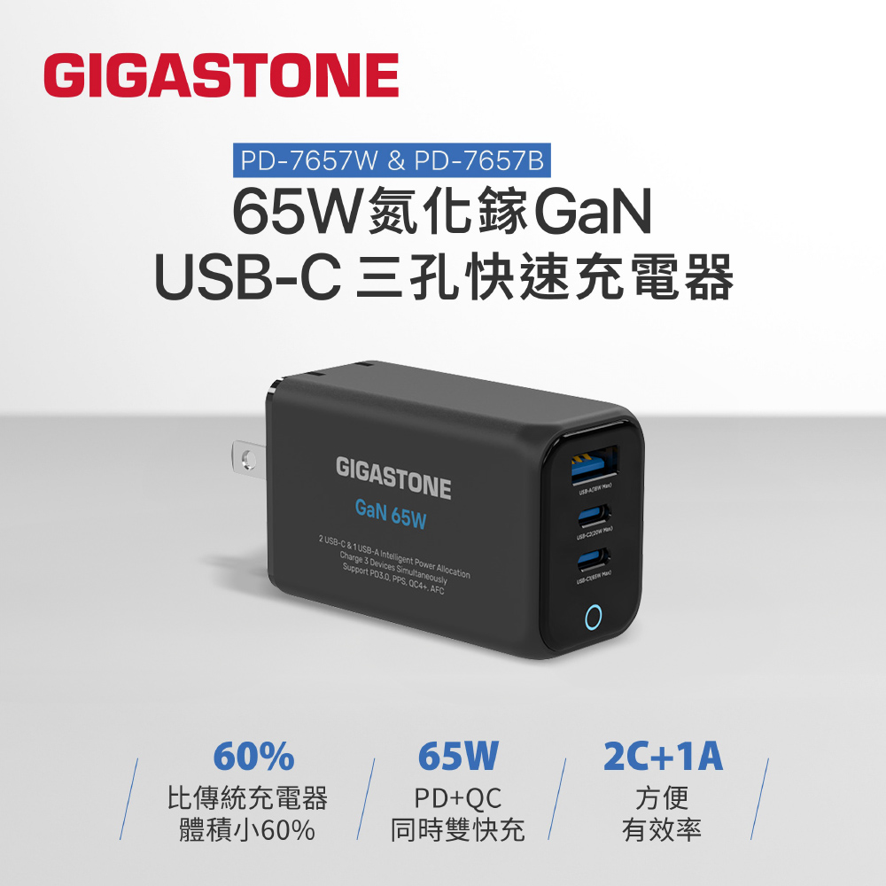 【Gigastone】65W PD+QC 氮化鎵GaN USB-C 三孔快速充電器(PD-7657)-黑色