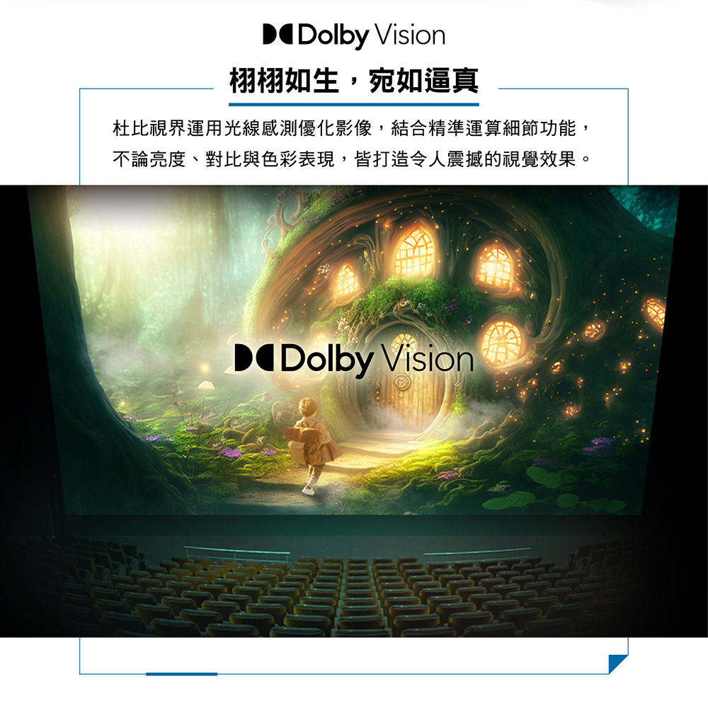 栩栩如生,宛如逼真 杜比視界運用光線感測優化影像,結合精準運算細節功能, 不論亮度、對比與色彩表現,皆打造令人震撼的視覺效果。 