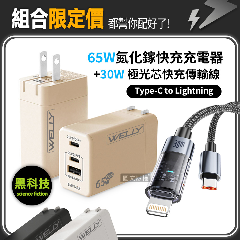 30W 極光芯 Type-C to Lightning 耐拉傳輸充電線+65W氮化鎵GaN 三孔極速充電器(黑色)