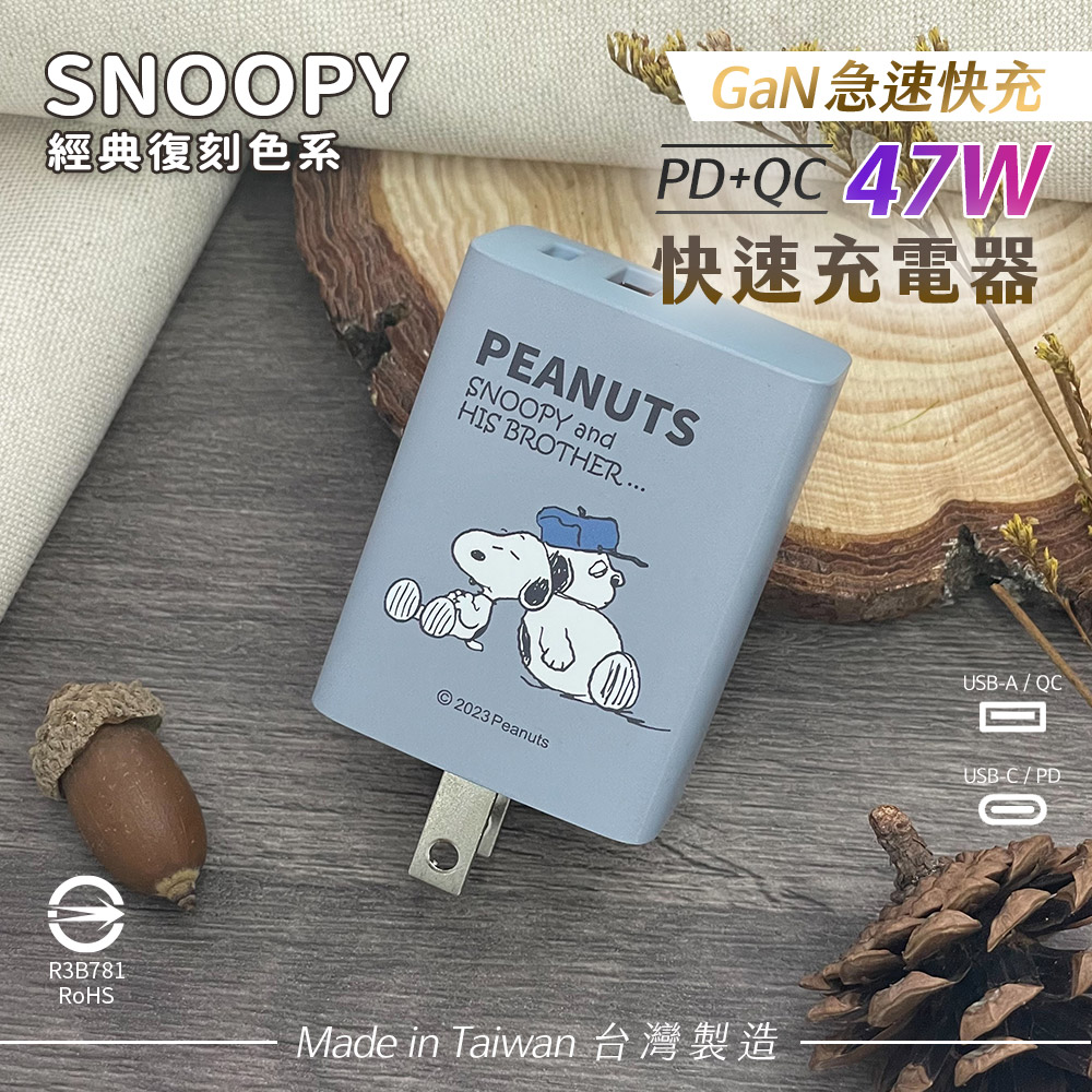 SNOOPY史努比 鳳梨酥系列 47W 經典復刻色系 GaN氮化鎵 PD+QC 急速充電器-兄弟(蒼藍)