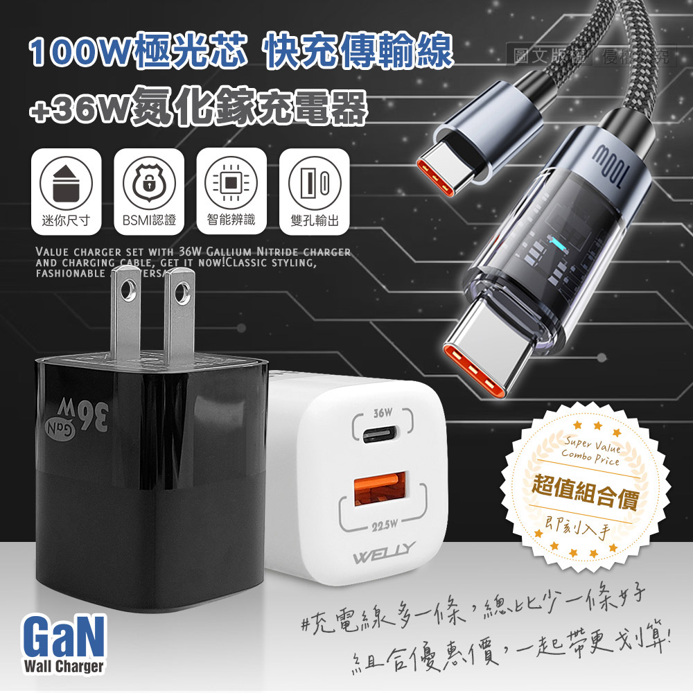 100W 極光芯 Type-C to Type-C 耐拉傳輸充電線+36W氮化鎵GaN 迷你雙孔充電器(白色)