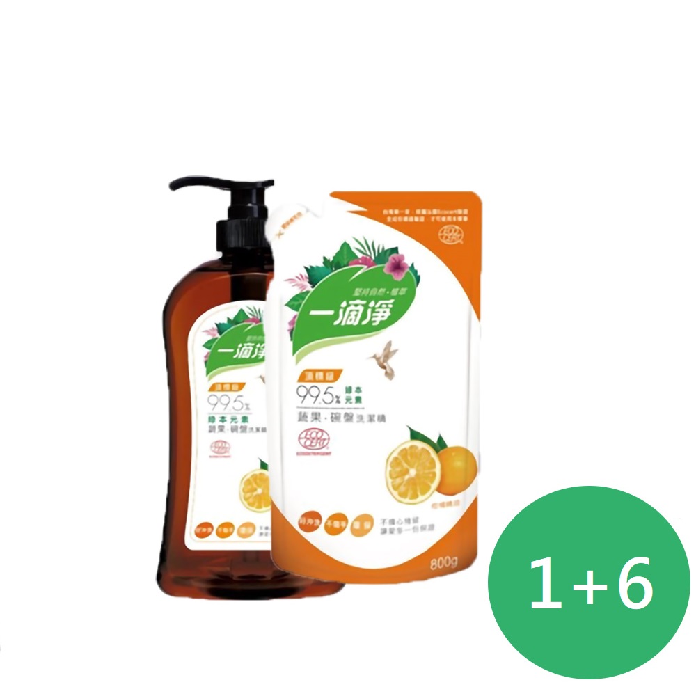 楓康一滴淨蘆薈多酚洗碗精 1000gx1+補充包800gx6包-柑橘植萃