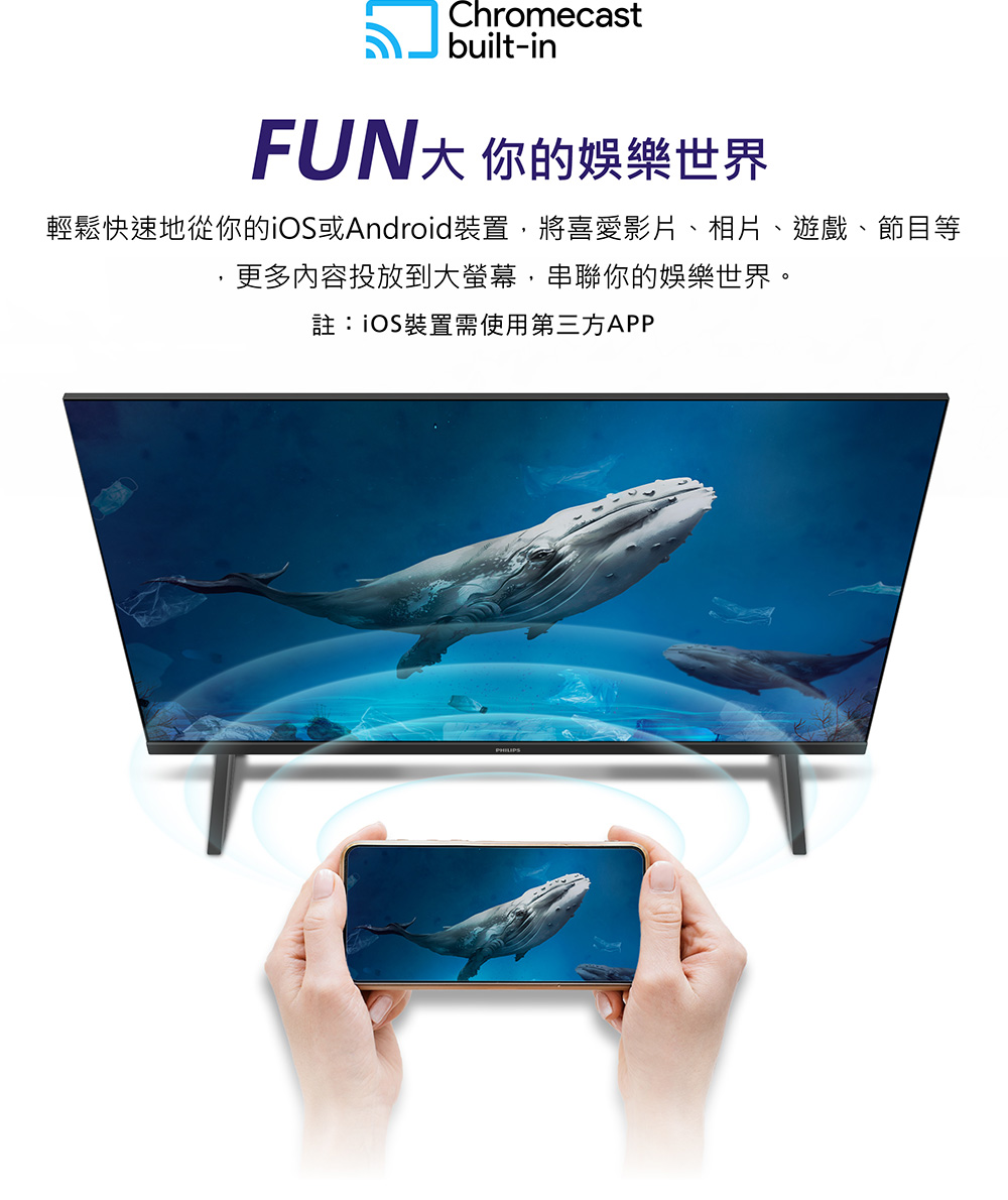FUN大 你的娛樂世界 輕鬆快速地從你的iOS或Android裝置,將喜愛影片、相片、遊戲、節目等 更多內容投放到大螢幕,串聯你的娛樂世界。 註iOS裝置需使用第三方APP