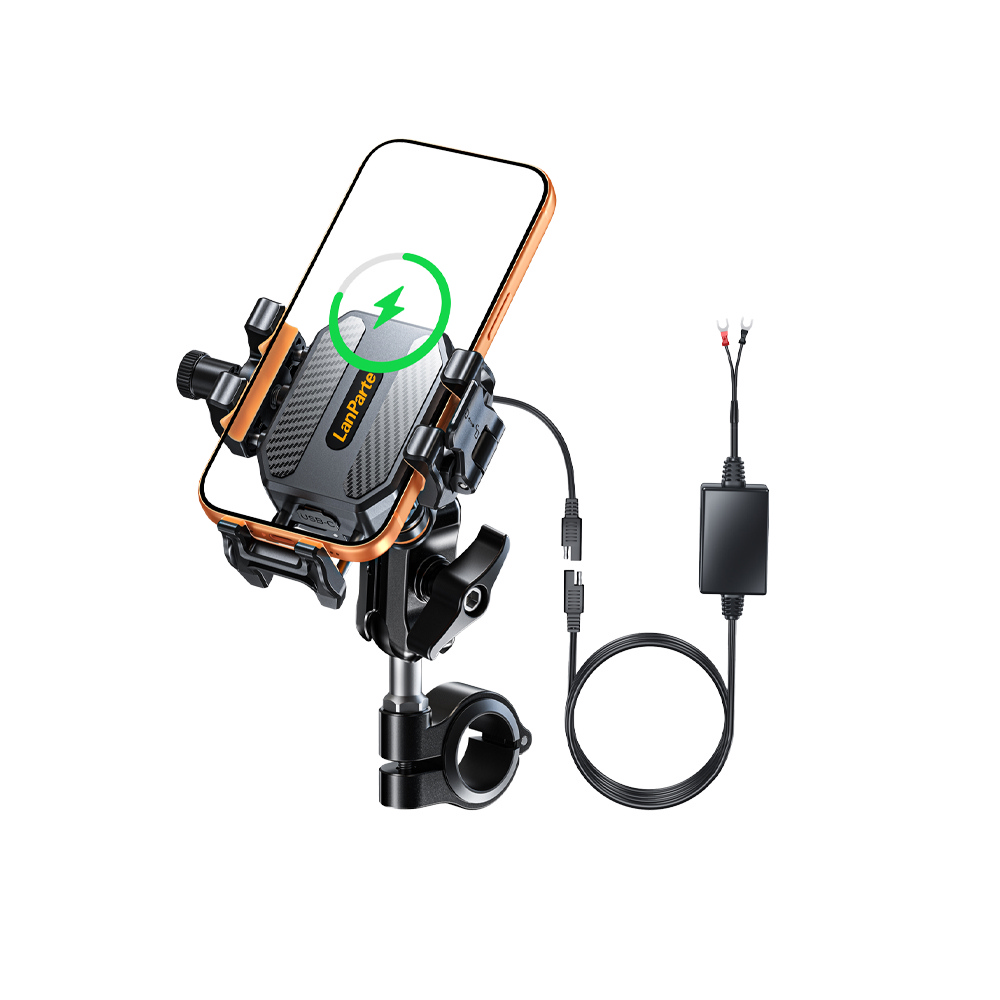 LanParte 迷你減震機車快扣手機支架(無線充電版)(管夾款)