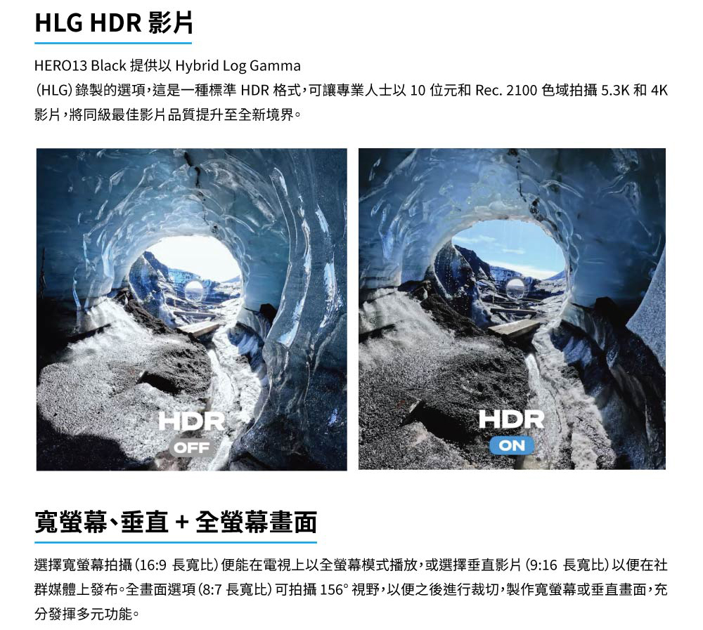 HLG 錄製的選項,這是一種標準 HDR 格式,可讓專業人士以 10 位元和 Rec.2100 色域拍攝5.3K 和4K