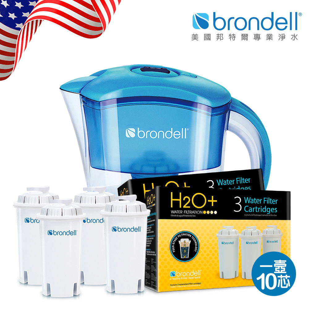 【美國邦特爾】brondell H2O+濾水壺(藍)＋10入芯(1壺10芯)