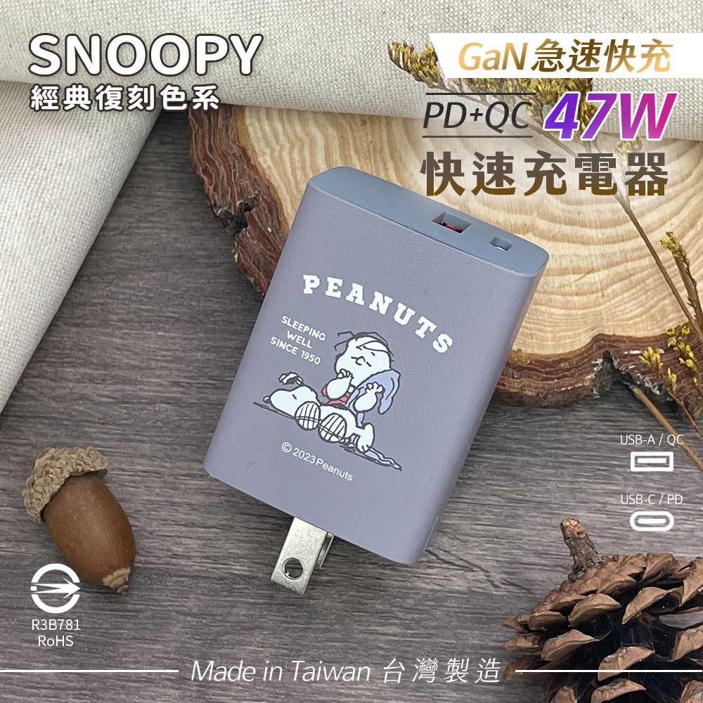 SNOOPY史努比 鳳梨酥系列 47W 經典復刻色系 GaN氮化鎵 PD+QC 急速充電器-瞌睡(黛藍)