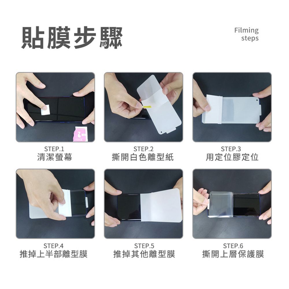 貼膜步驟FilmingstepsSTEP.1STEP.2STEP.3清潔螢幕撕開白色離型紙用定位膠定位STEP.4STEP.5STEP.6推掉上半部離型膜推掉其他離型膜撕開上層保護膜