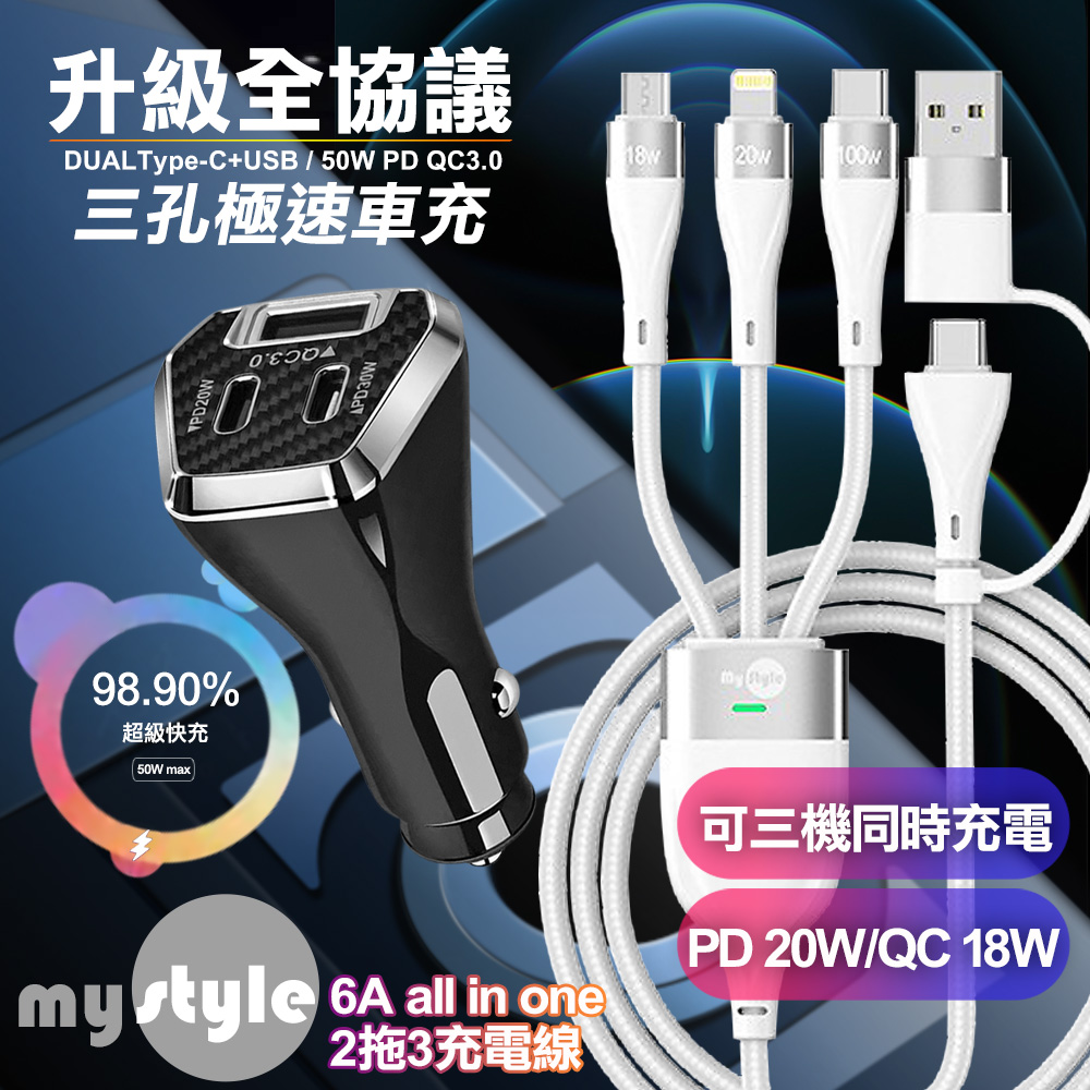 CB 50W三孔急速智能車充(雙TypeC+USB)-黑+MyStyle 二出三 6用型快充線-白