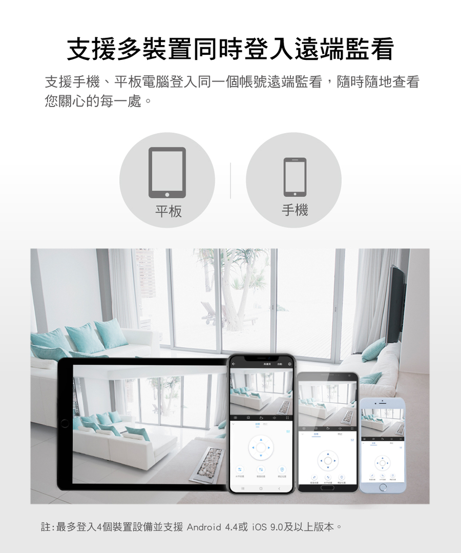 註最多登入4個裝置設備並支援 Android 4.4或 iOS 9.0及以上版本。