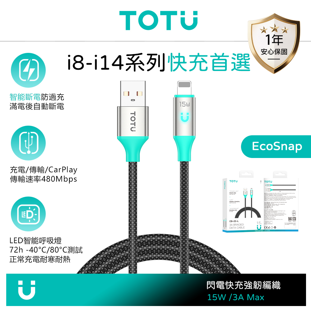 TOTU台灣官方 智能斷電 iPhone/Lightning充電線傳輸線編織快充線 LED呼吸燈 EcoSnap系列 1.2M