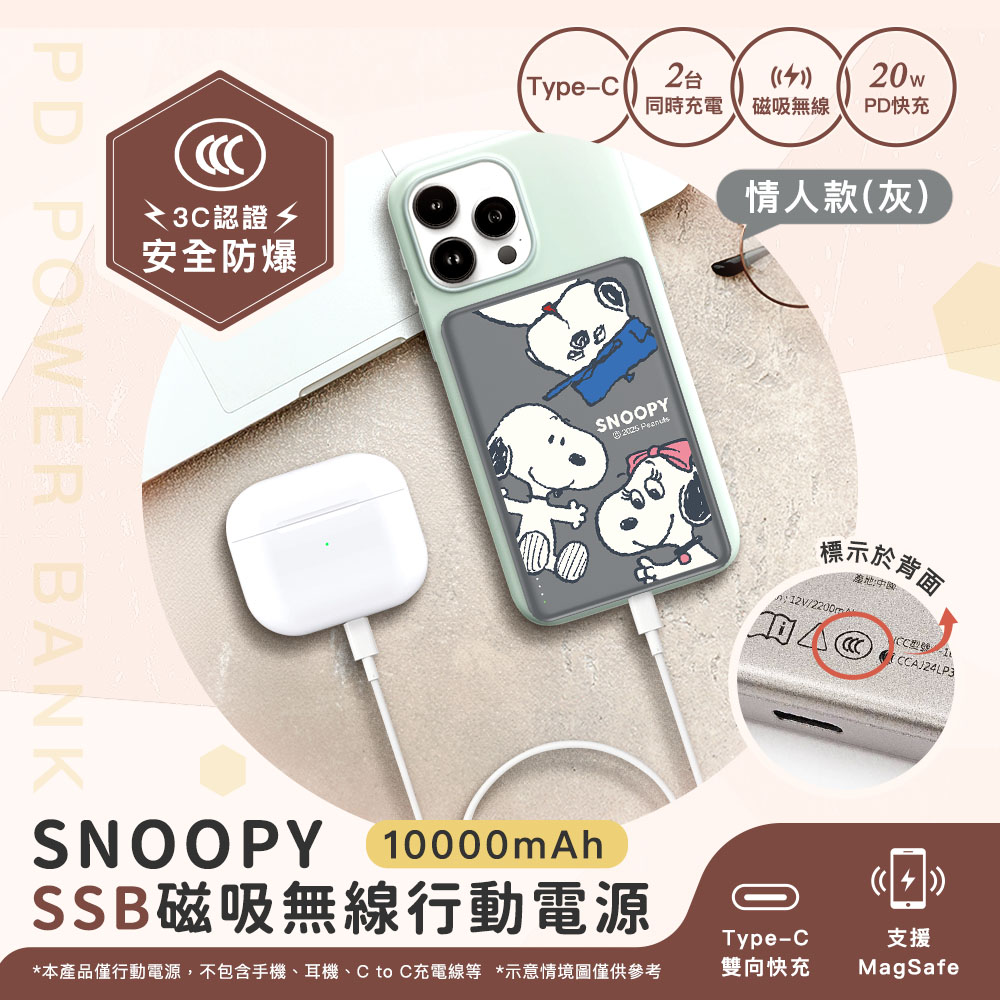 【SNOOPY史努比】SSB固態超薄磁吸無線快充行動電源10000mAh(已標示37Wh/CCC認證)-情人款(灰)
