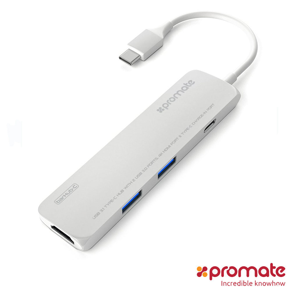【Promate】BarHub USB type C to HDMI充電傳輸集線器(銀)