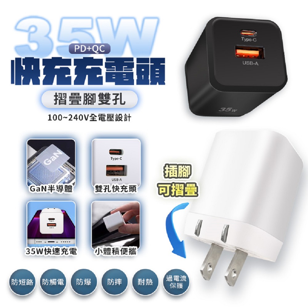 PD35W摺疊腳雙孔快充充電頭 IC6-粉色