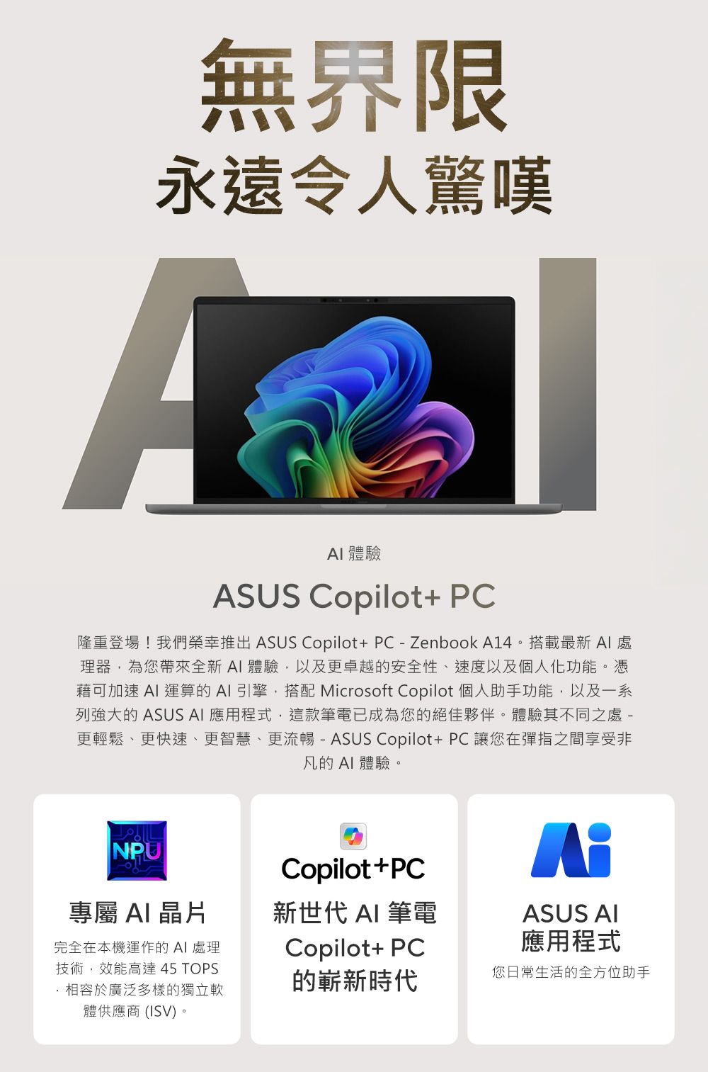 無界限永遠令人驚嘆A 體驗ASUS Copilot+ PC隆重登場!我們榮幸推出 ASUS Copilot+PC-Zenbook A14。搭載最新  理器為您帶來全新體驗以及更卓越的安全性、速度以及個人化功能。憑藉可加速 AI 運算的AI引擎,搭配 Microsoft Copilot 個人助手功能,以及一系列強大的 ASUS AI 應用程式,這款筆電已成為您的絕佳夥伴。體驗其不同之處 -更輕鬆、更快速、更智慧、更流暢 - ASUS Copilot+ PC 讓您在彈指之間享受非凡的AI體驗。NPU專屬AI晶片完全在本機運作的AI 處理技術,效能高達 45 TOPS,相容於廣泛多樣的獨立軟體供應商(ISV)。Copilot+PC新世代 AI 筆電Copilot+ PCASUS AI應用程式的嶄新時代您日常生活的全方位助手