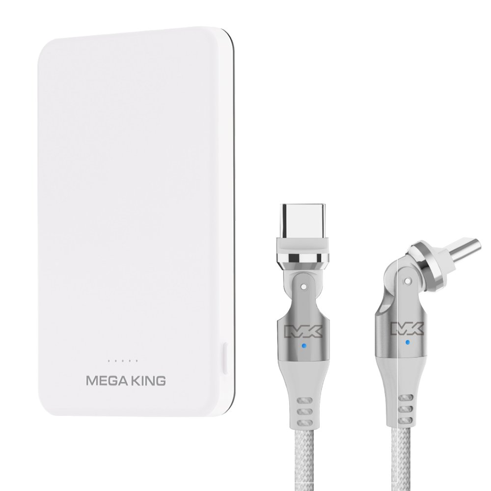 【新組合價】MEGA KING 5000  超輕薄磁吸行動電源 白+充電編織線 1M 白