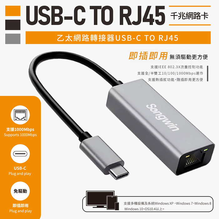 Songwin USB-C 轉 RJ45 高速Gigabit千兆網路卡(UEH360)